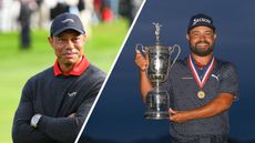 (Left) Tiger Woods smiles with his arms crossed at the 2025 Genesis Invitational and JJ Spaun smiles while posing with the US Open trophy and gold medal around his neck (right)
