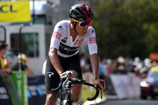 SAINT MARTIN DE BELLEVILLE FRANCE AUGUST 14 Arrival Egan Arley Bernal Gomez of Colombia and Team Ineos White Best Young Jersey during the 72nd Criterium du Dauphine 2020 Stage 3 a 157km stage from Corenc to Saint Martin de Belleville 1419m dauphine Dauphin on August 14 2020 in Saint Martin de Belleville France Photo by Justin SetterfieldGetty Images