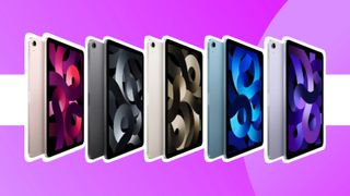 A product shot of multiple iPad Airs against a colourful background