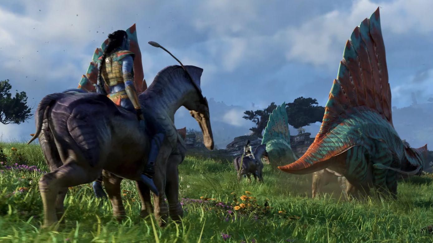 Avatar: Frontiers of Pandora trailer screenshot showing a Na’vi riding a direhorse in Pandora