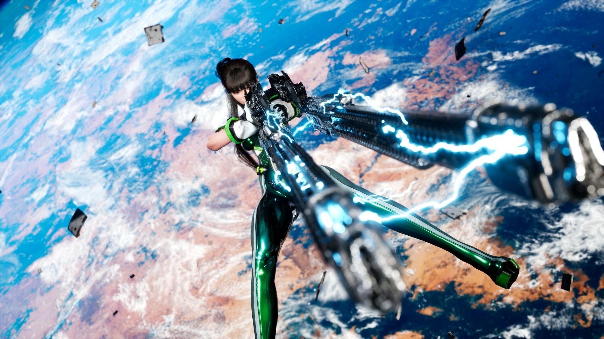 Eve from Stellar Blade aiming two huge guns