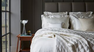 Black bedroom with white silk bedding as key bedroom trend in 2022