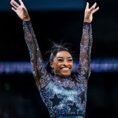 Simone Biles from Team United States reacts after her exercise on the balance beam during day two of the Olympic Games Paris 2024 at the Bercy Arena on July 28, 2024 in Paris, France