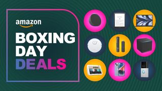 Some tech products in a collage on a green background with an Amazon logo for Amazon Boxing Day sale