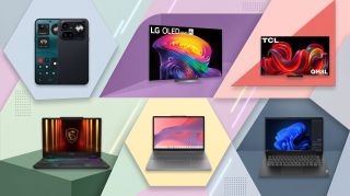 assorted laptops, TVs, and phones on pastel background