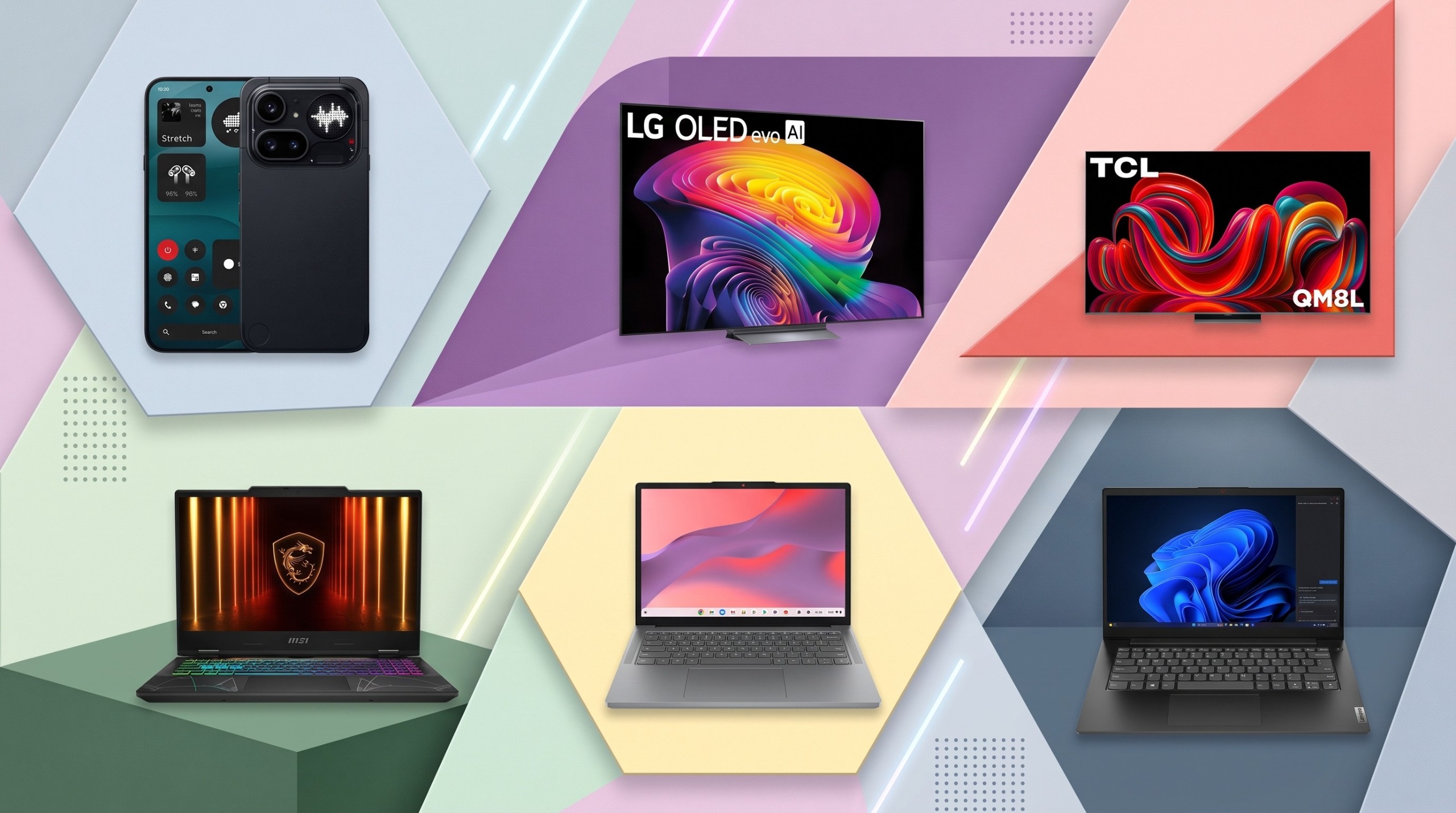 assorted laptops, TVs, and phones on pastel background