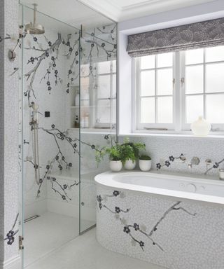 bathroom with pretty blossom patterned tiles