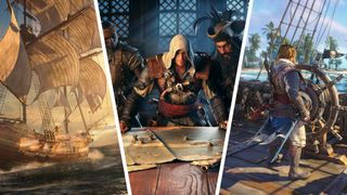 Image made up of three screenshots or images from Ubisoft's Assassin's Creed Black Flag Resynced.