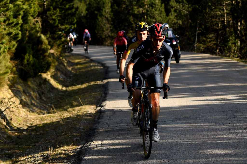 VALLTER 2000 SETCASES VALL CAMPRODON SPAIN MARCH 24 Adam Yates of United Kingdom and Team INEOS Grenadiers Sepp Kuss of United States and Team Jumbo Visma during the 100th Volta Ciclista a Catalunya 2021 Stage 3 a 2031km stage from Canal Olmpic de Catalunya to Vallter 2000 Setcases Vall Camprodon 2125m Breakaway Attack VoltaCatalunya100 on March 24 2021 in Vallter 2000 Setcases Vall Camprodon Spain Photo by David RamosGetty Images