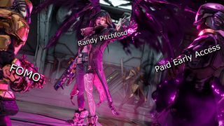 The siren (Randy Pitchford) blasting away NPCs labelled as FOMO and Paid Early Access