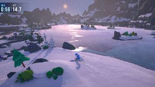 Lonely Mountains: Snow Riders screenshot showing an icy lake and some skiiers.