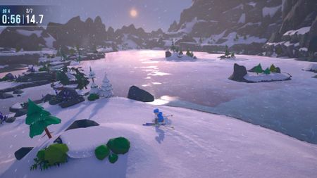 Lonely Mountains: Snow Riders screenshot showing an icy lake and some skiiers.