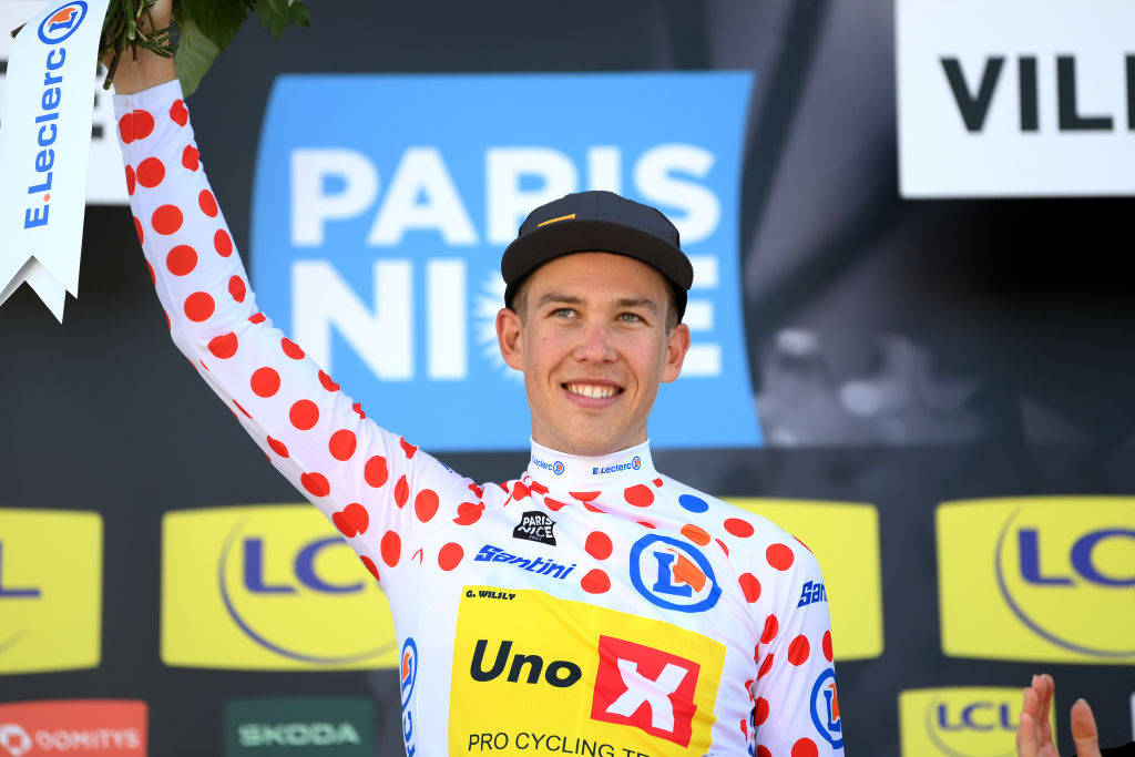 NICE FRANCE MARCH 12 Jonas Gregaard Wilsly of Denmark and UnoX Pro Cycling Team celebrates at podium as Polka dot Mountain Jersey winner during the 81st Paris Nice 2023 Stage 8 a 1184km stage from Nice to Nice UCIWT ParisNice on March 12 2023 in Nice France Photo by Alex BroadwayGetty Images