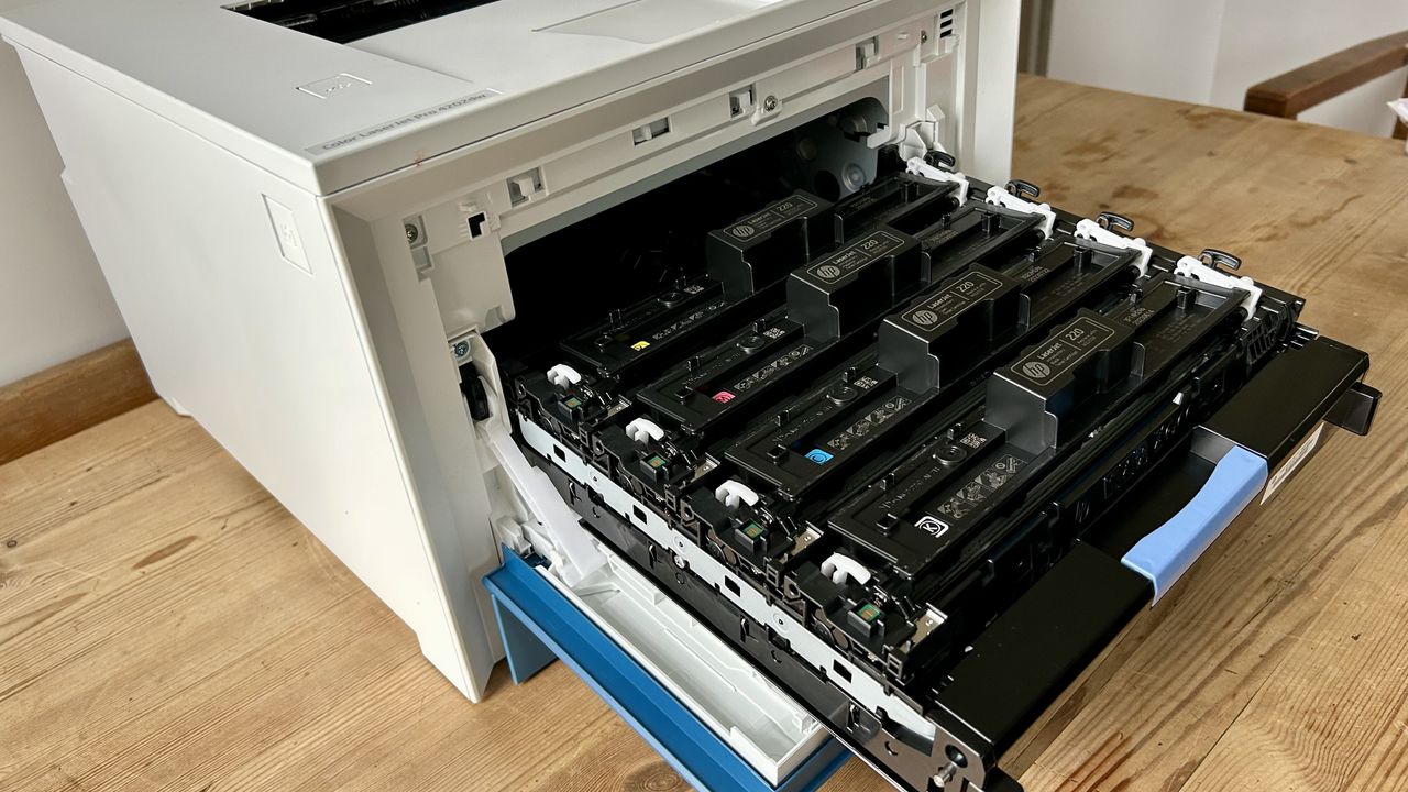 The HP Color LaserJet Pro 4201dw laser printer during our tests in a home office