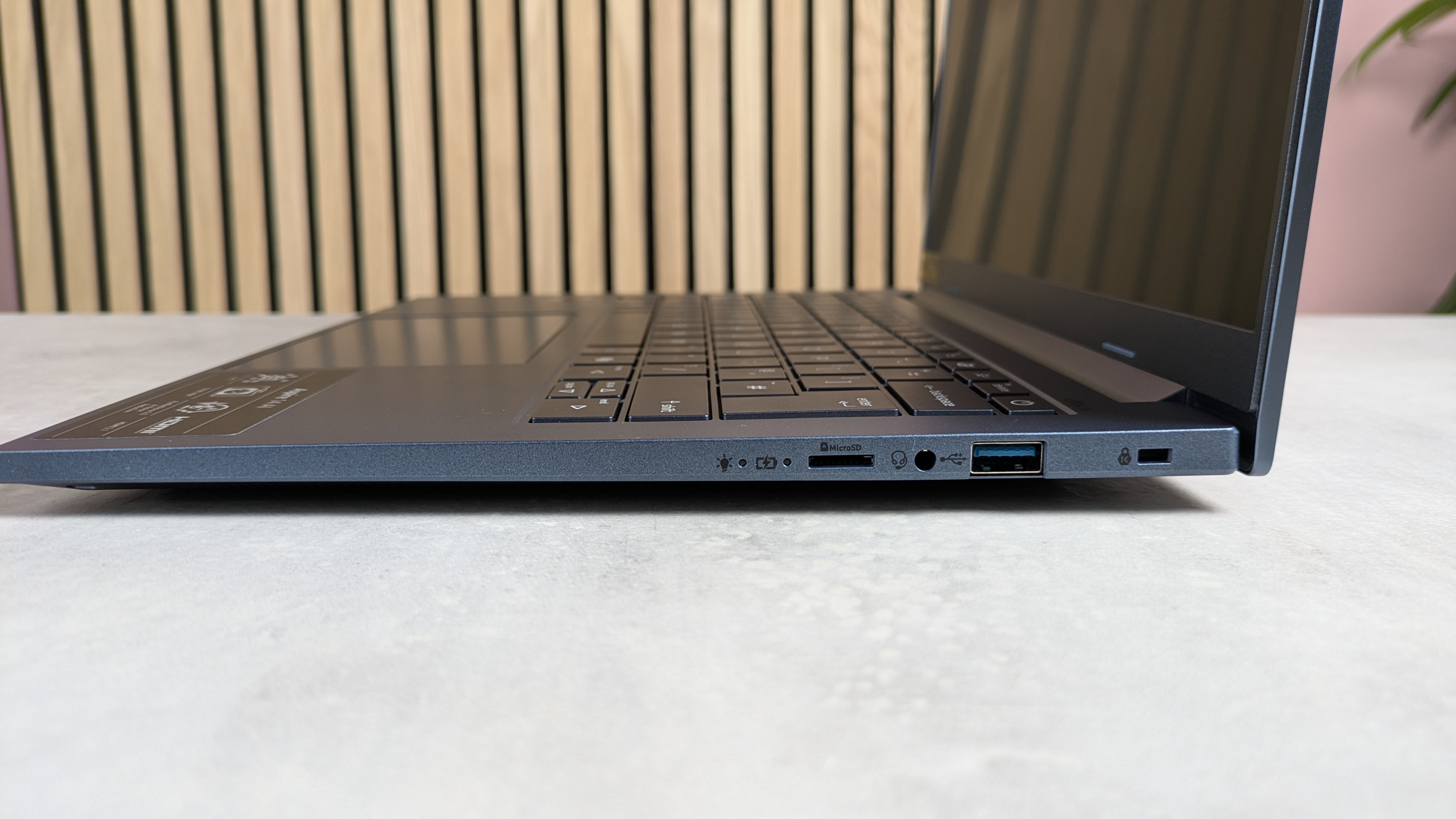 View of right-hand ports on Acer Aspire 14 AI (2025), open on desk with wooden panel, plant, and pink wall in background