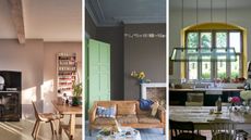 Trio of interior home shots. Left is kitchen diner with pink walls and ceiling beams, middle is a dark taupe high ceiling living room with tan leather sofa and green paneled internal door, and right is a bright kitchen with yellow window arch and hanging pendant light