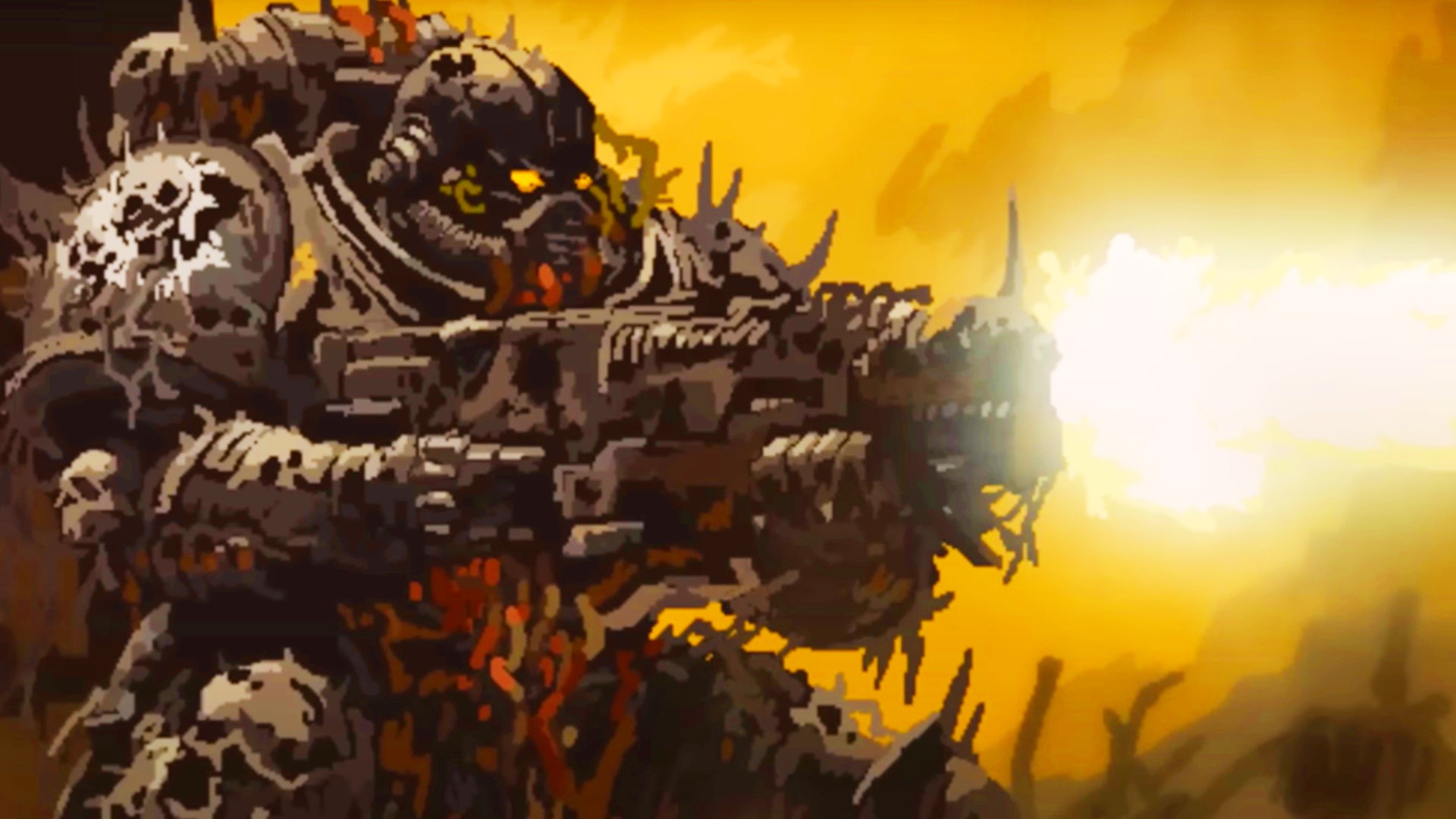 A heavily armored warrior fires a great big gun