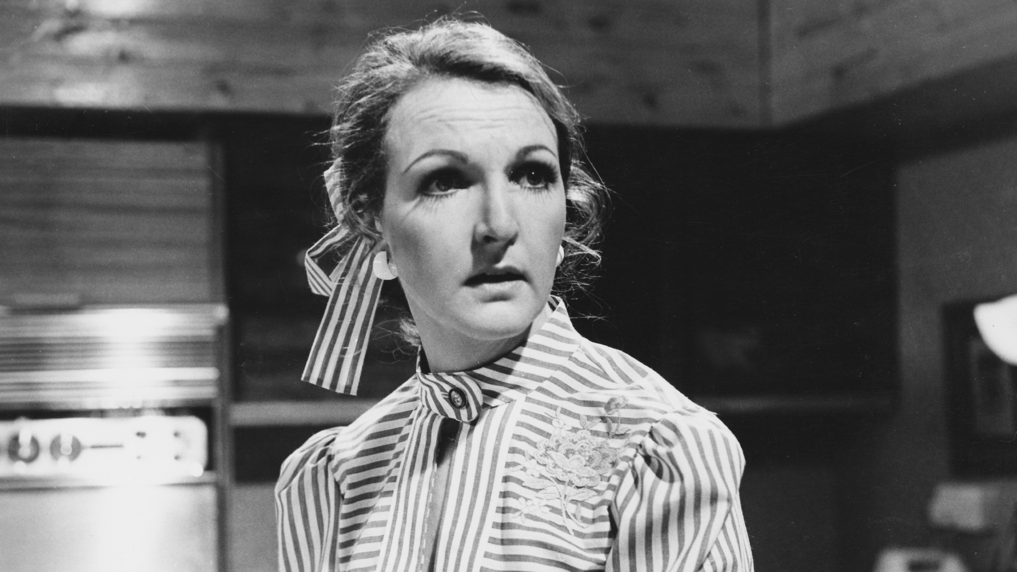A black and white close-up of Penelope Keith as Margo Leadbetter in a scene from The Good Life