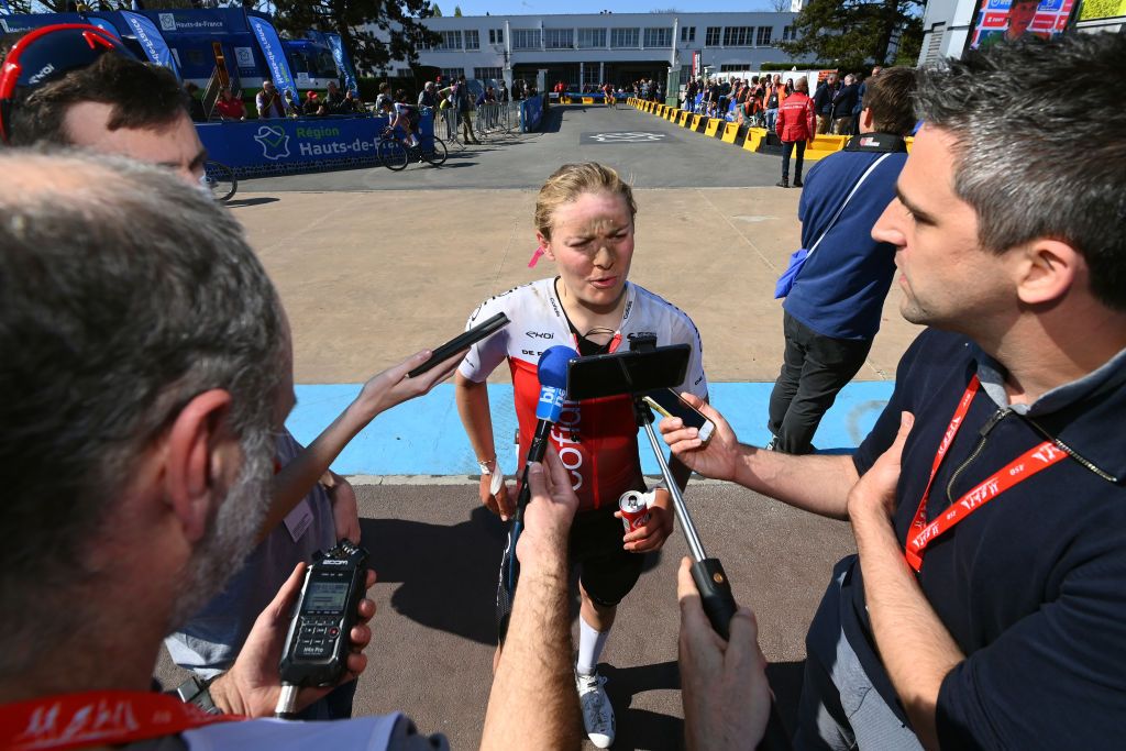 ROUBAIX FRANCE APRIL 16 Victoire Berteau of France and Team Cofidis Fminin speaks to the media press after finish in the Roubaix Velodrome Vlodrome Andr Ptrieux during the 2nd ParisRoubaix 2022 Womens Elite a 1247km one day race from Denain to Roubaix ParisRoubaixFemmes ParisRoubaix on April 16 2022 in Roubaix France Photo by Tim de WaeleGetty Images