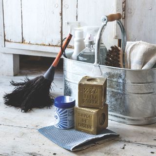 Metal cleaning caddy with cleaning products inside and around it