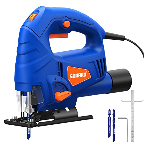 Sorako 600w Corded Jigsaw for Wood &amp;amp; Metal | 800-3000spm Electric Jigsaw With 6 Speeds + 3 Orbital Settings | 45&amp;deg; Bevel Cutting, 60mm Wood Cutting Depth