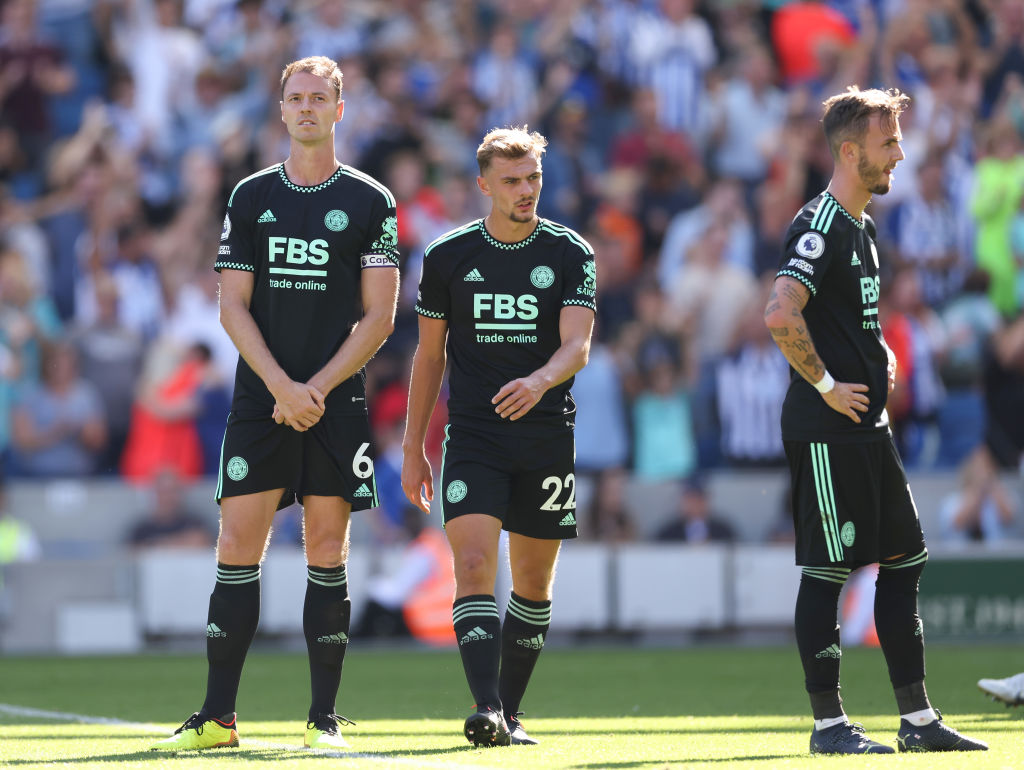 Jonny Evans, Kiernan Dewsbury-Hall and James Maddison of Leicester City look dejected during the Premier League match between Brighton & Hove Albion and Leicester City at American Express Community Stadium on September 4, 2022 in Brighton, United Kingdom.