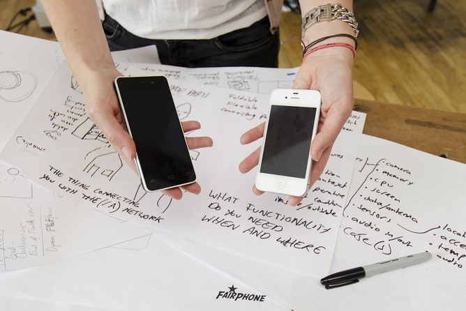 Fairphone prototype (left) and an iPhone.