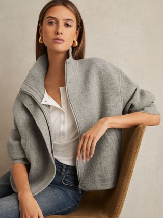 Wool Funnel-Neck Bomber Jacket in Grey