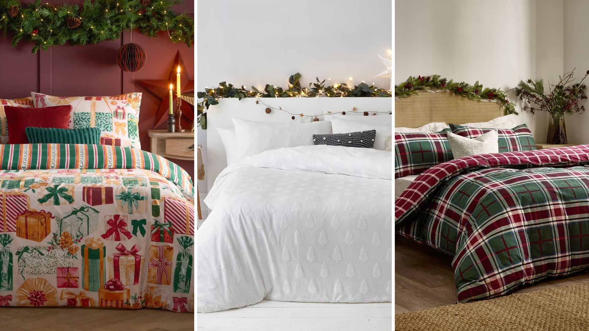 composite of three different Christmas bedding sets
