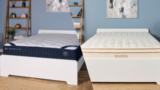 On the left, the DreamCloud Classic Hybrid mattress on a bed frame. On the right, the Saatva Classic mattress on a bed frame