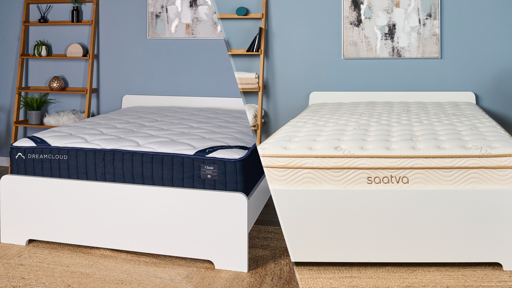 On the left, the DreamCloud Classic Hybrid mattress on a bed frame. On the right, the Saatva Classic mattress on a bed frame