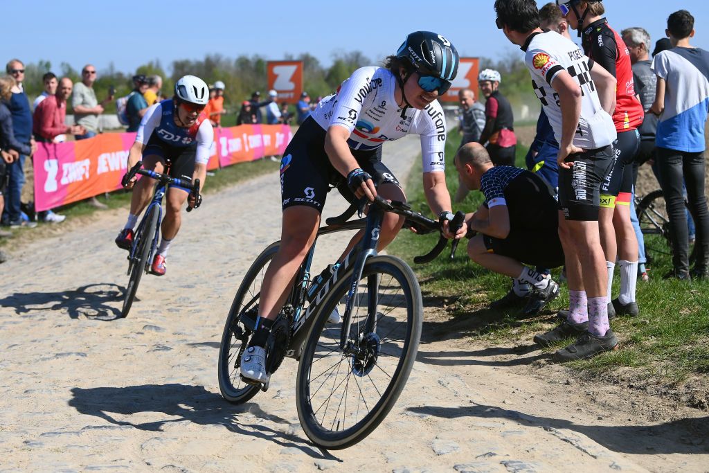 ROUBAIX FRANCE APRIL 16 Pfeiffer Georgi of United Kingdom and Team DSM competes passing through a cobblestones sector during the 2nd ParisRoubaix 2022 Womens Elite a 1247km one day race from Denain to Roubaix ParisRoubaixFemmes ParisRoubaix on April 16 2022 in Roubaix France Photo by Tim de WaeleGetty Images