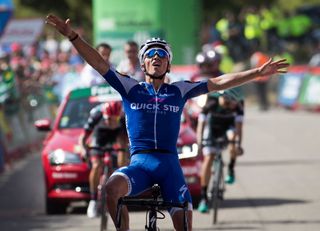 Julian Alaphilippe celebrates a stage victory at the Vuelta a Espa&ntilde;a.