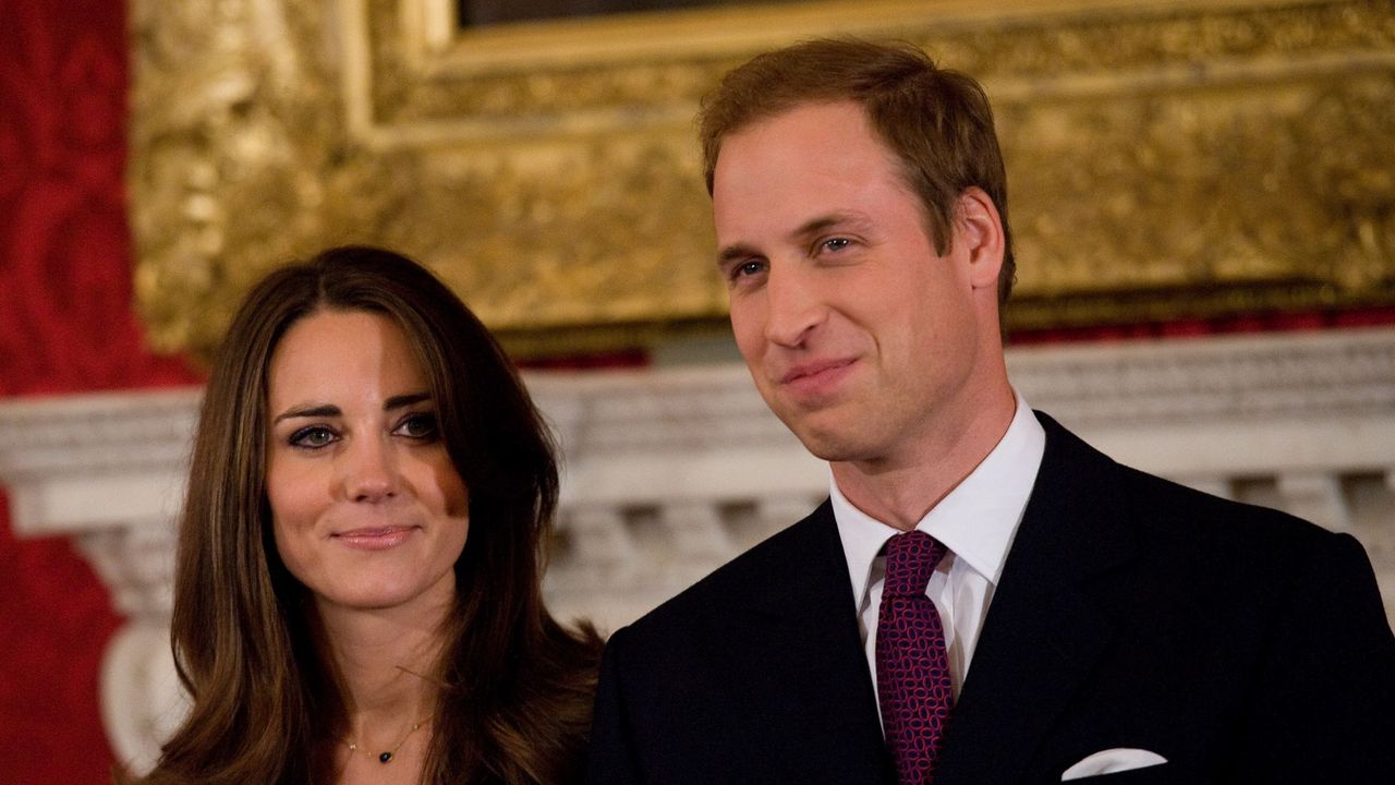 Kate Middleton and Prince William pose at their engagement photocall in 2010