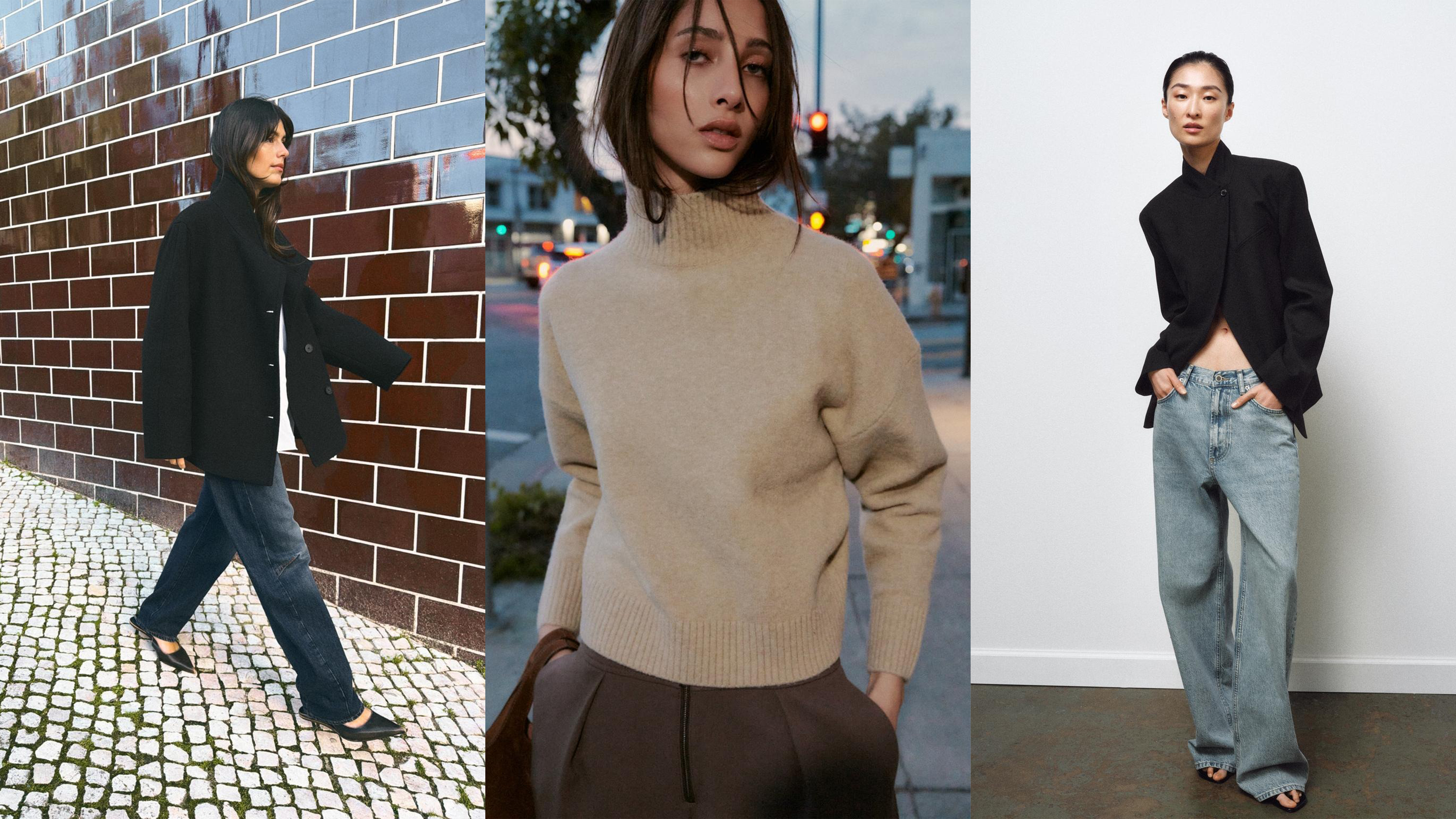 Chic Zara New Arrivals. Model wearing a high-neck coat with jeans and flats. Another model in a rollneck sweater. A third model in a collarless blazer and baggy jeans. 