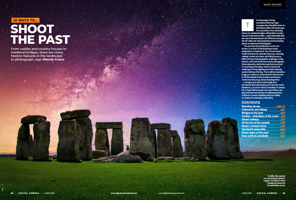 Image showing the first two pages of the cover feature of issue 295 (June 2025) of Digital Camera magazine, 10 ways to capture photographs of historic scenery