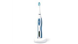 Waterpik Sensonic SR-3000 review: the toothbrush in blue and white photographed on its charging stand