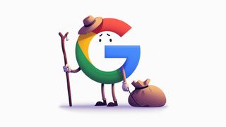 Google Chrome logo as a displaced person with a stick and a bindle