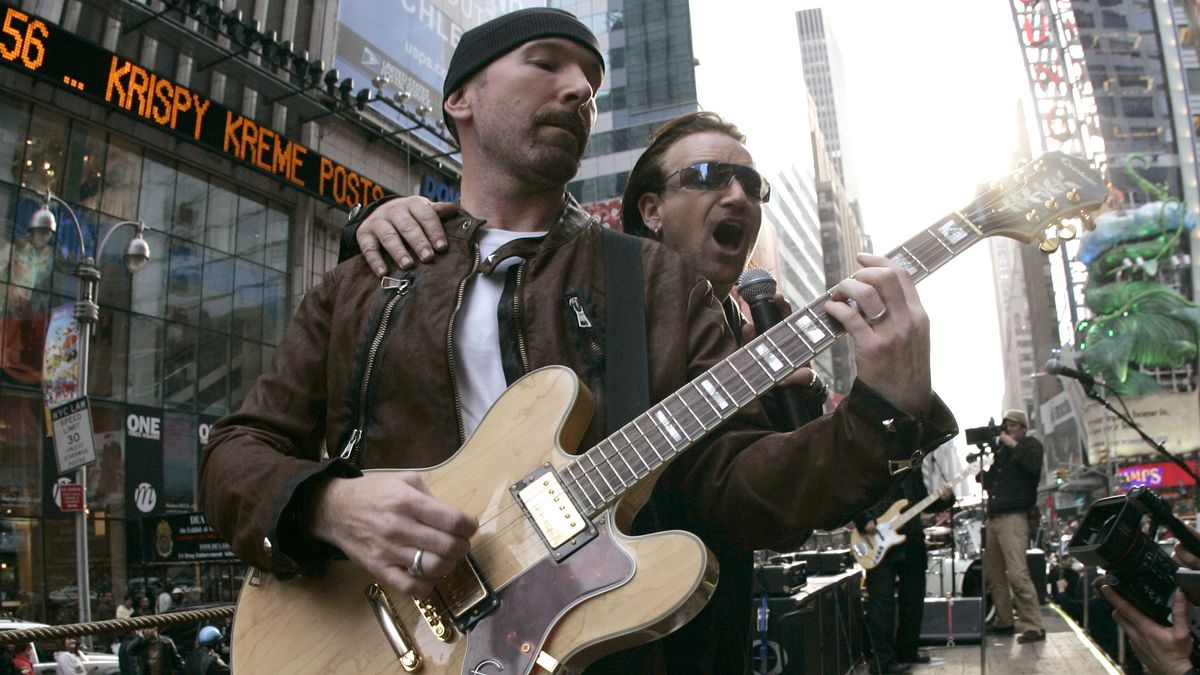 The Edge and Bono of U2 spend the day on the streets of New York City shooting a video for their new album &quot;How to Dismantle an Atomic Bomb&quot; which drops tomorrow, Tuesday, November 23rd. U2 finished off the day in Brooklyn at the Empire-Fulton Ferry State Park where they played songs off of their new album for their fans. MTV captured the show for future broadcast.