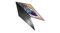 The Dell XPS 17 (2021) at an angle with the screen partly open