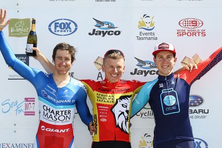 The final stage podium of Michael Schweizer (African Wildlife Safaris Cycling Team), Benjamin Hill (Charter Mason Giant Racing Team) and Brad Evans (Pat's Veg Cycling)