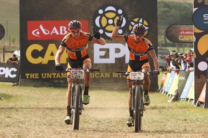 Markus Kaufmann and Jochen Kaess of Centurion-Vaude celebrate finishing 2nd during stage 4