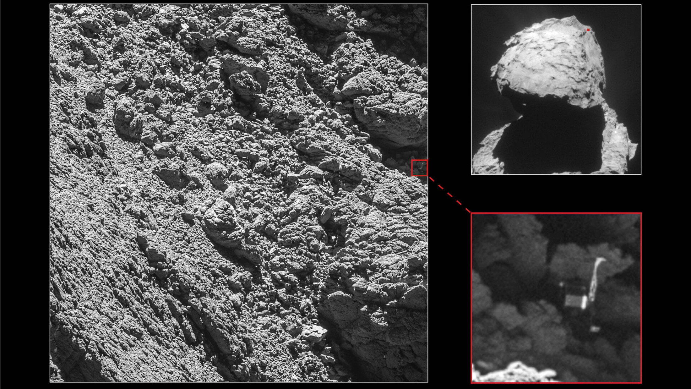 This series of images shows the comet 67P with red indicators showing the location of the Philae lander on its surface from the Rosetta spacecraft.