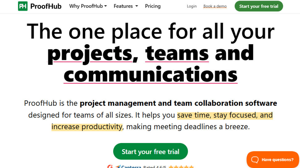 ProofHub website screenshot (May 2025)