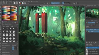 The best digital art software; a screen from the art app Krita showing a painted cartoon forest