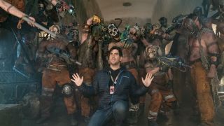 Borderlands movie: Director Eli Roth surrounded by extras dressed as bandits.
