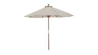 A classic garden parasol with a cream canopy and wooden pole