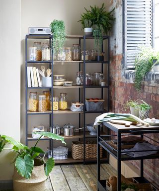 kitchen shelving with food supplies and countertop