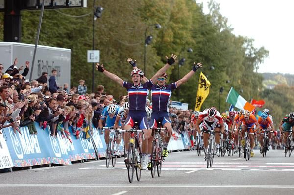 French teammates Arnaud Demare and Adrien Petit celebrate their 1-2 finish.