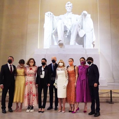 us president joe biden and us first lady jill biden pose with their family in front of the statue of abraham lincoln at the celebrating america event at the lincoln memorial after his inauguration as the 46th president of the united states in washington, dc, january 20, 2021 photo by joshua roberts pool afp photo by joshua robertspoolafp via getty images